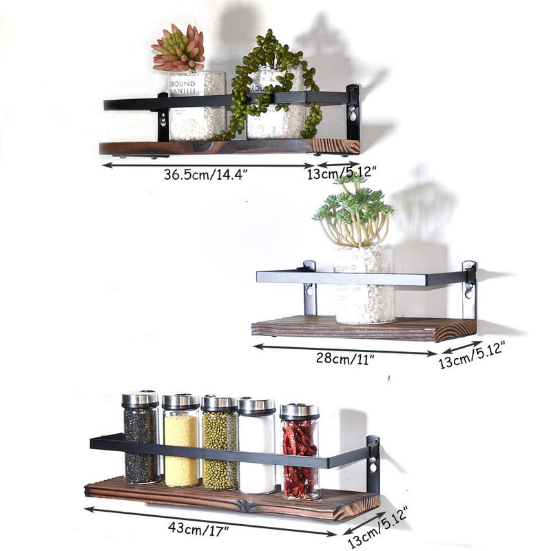 PHUNAYA Floating Shelves Rustic Wood Wall Mounted Shelf Practical Metal Fence Design Ideal for Bedroom, Bathroom, Kitchen Set of 3(Brown) - Image 5